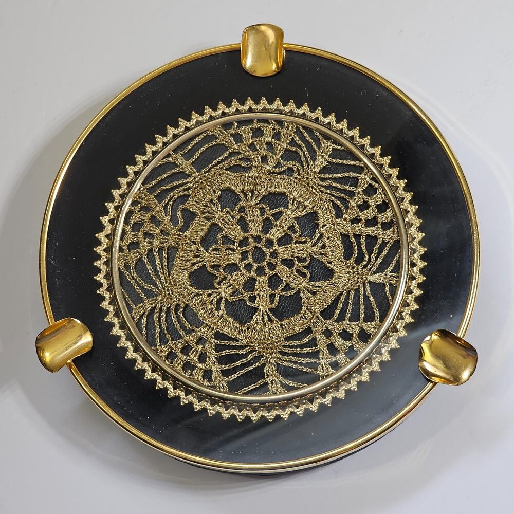 Filigree Crocheted Ashtray Catchall Ornate Gilded Brass Tobacciana 1960s Vintage